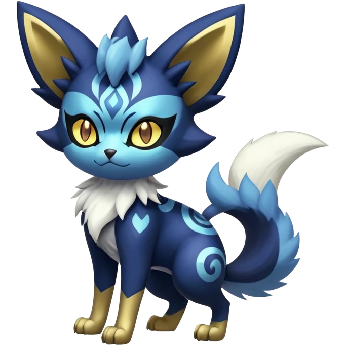 Shiny Evil mExotic Badass Colorful Ethereal Royal Mysterious Gothic Meowstic-Zorua-Litten-Noibat-Pokémon-Fakémon-hybrid-creature (full body) with pattern-markings with golden eyes emoji