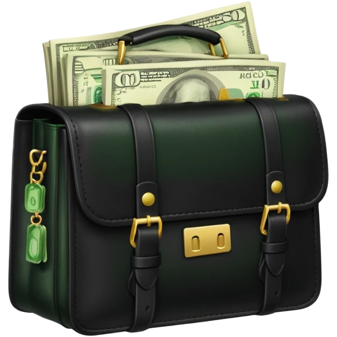 Create a black leather bag with a stack of cash a lot of money in authentic Apple emoji style. emoji