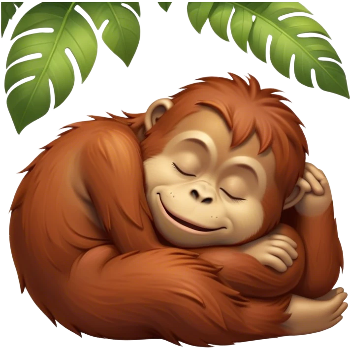 Meme-Worthy cute Sleeping Orangutan Portrait Emoji, Head resting peacefully with a contented smile, showcasing luxuriously soft fur and eyes gently closed in serene slumber, Simplified yet comically adorable features, highly detailed, glowing with a soft, drowsy jungle light, high shine, relaxed and utterly lovable, stylized with an air of playful laziness, bright and heartwarming, soft glowing outline, capturing the essence of a sleeping orangutan that feels destined to become the next viral icon of adorable rest! emoji