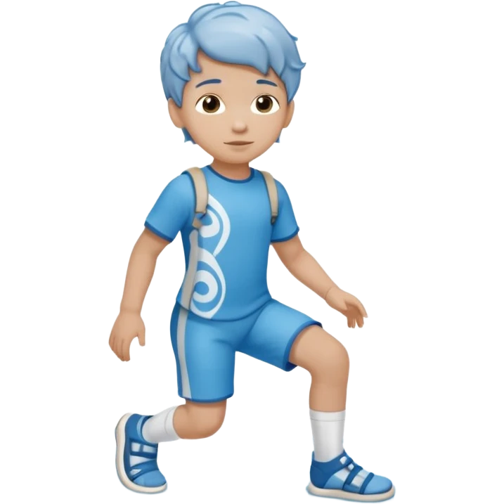 A little male child with a blue/beige outfit and  curled light brown hair and he wears shoes which are orthopedic ankle-foot orthosises.The brace goes just below the knee and its with a bright blue water-like pattern with a spiral side design. emoji