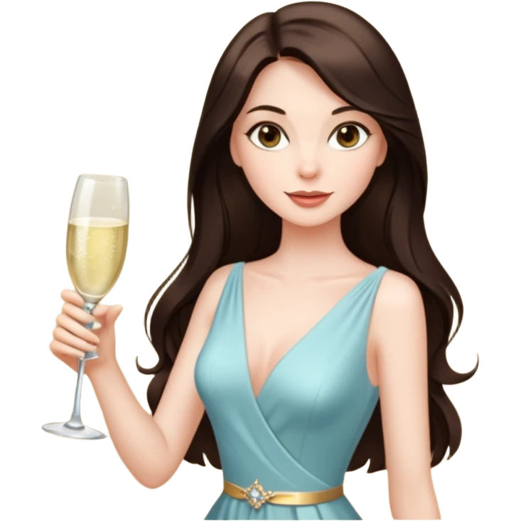 Sexy brunette woman long dark brown hair, hazel eyes, pale skin toasting with champagne emoji