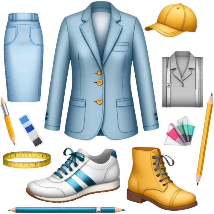 Icon for Fashion Design: sketches of clothing, shoes, and accessories with design tools like a pencil, fabric swatches, and a measuring tape. The icon should represent creativity in fashion design and tailoring. Transparent background. emoji