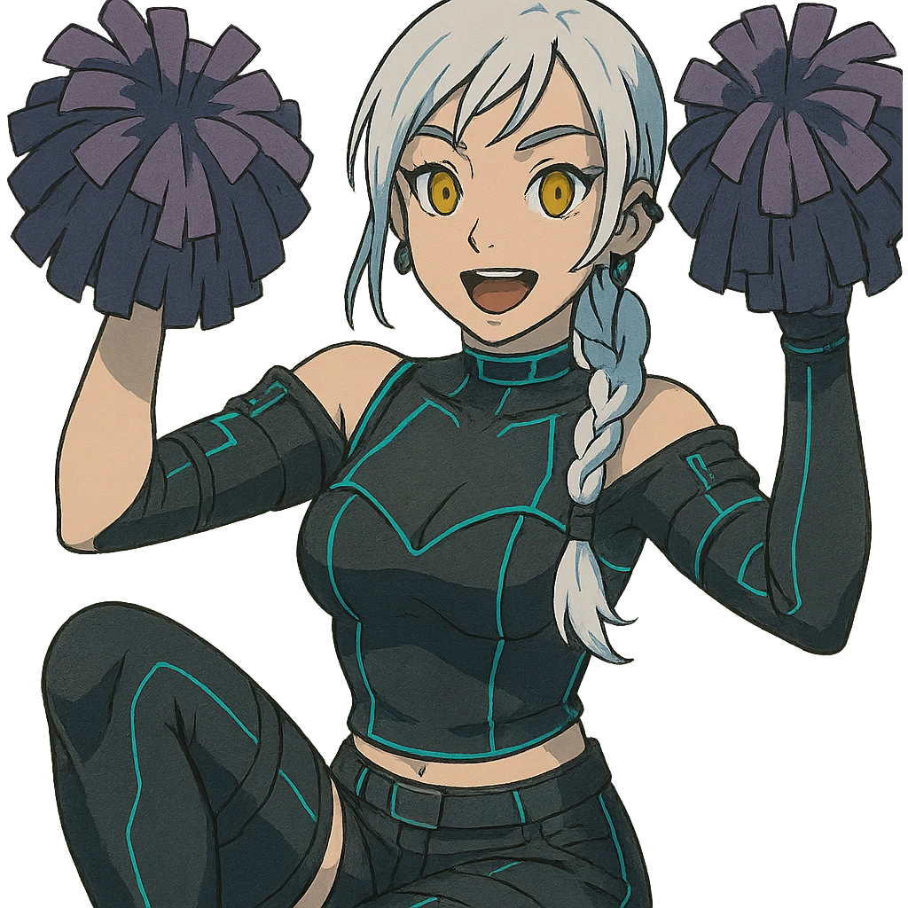  she is waving pom-poms excitedly, a closeup portrait of young woman with gold yellow eyes, white hair, long braid, black off-shoulder top d-cup, punk gothic style, futuristic cyberwave cyberpunk, sitting position
 emoji