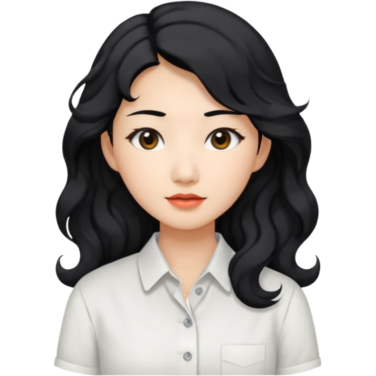 Asian woman, black hair, long permed wavy hair, white button-up shirt, flat colors, transparent background. emoji
