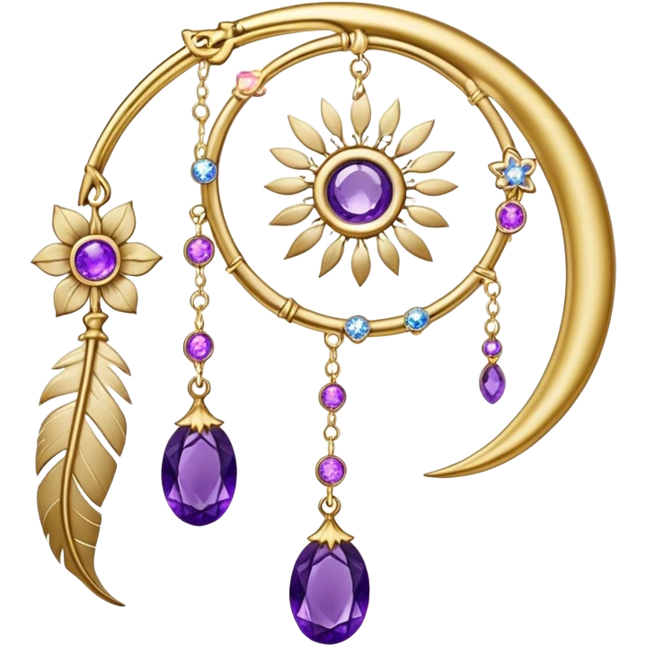 Epic beautiful gorgeous cute gold suncatcher, threads with shiny sparkly amethyst gemstones, flowers, crescents-moons, stars, violet Feather, gold feather emoji