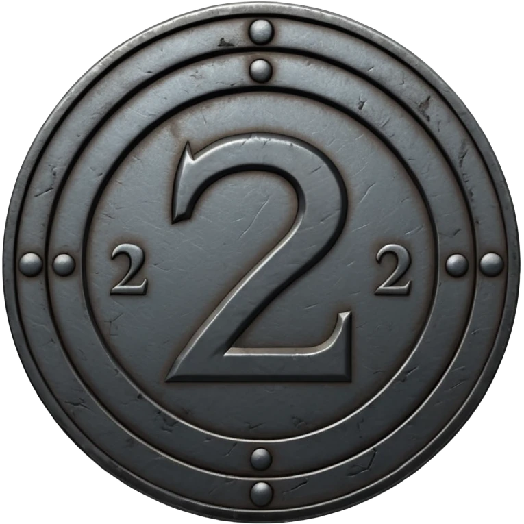 Minimal emoji, gothic metal coin made of black steel, engraved number 2 at the center, ancient industrial aesthetic, worn metal texture, no glow, no neon, flat emoji design, centered, transparent background emoji