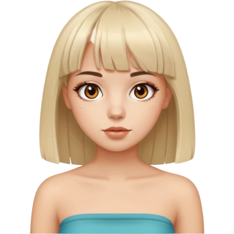 pale girl, who has straight medium length hair with bangs, brown eyes and abg make-up and wearing a tube emoji
