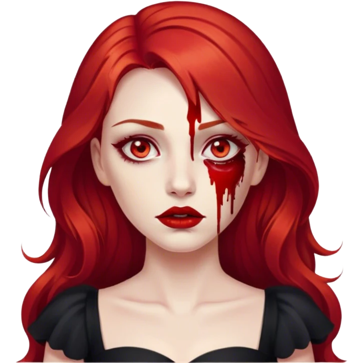 a woman with long red hair and red eyes. The woman wear a black dress. She have red lipstick. blood on face emoji