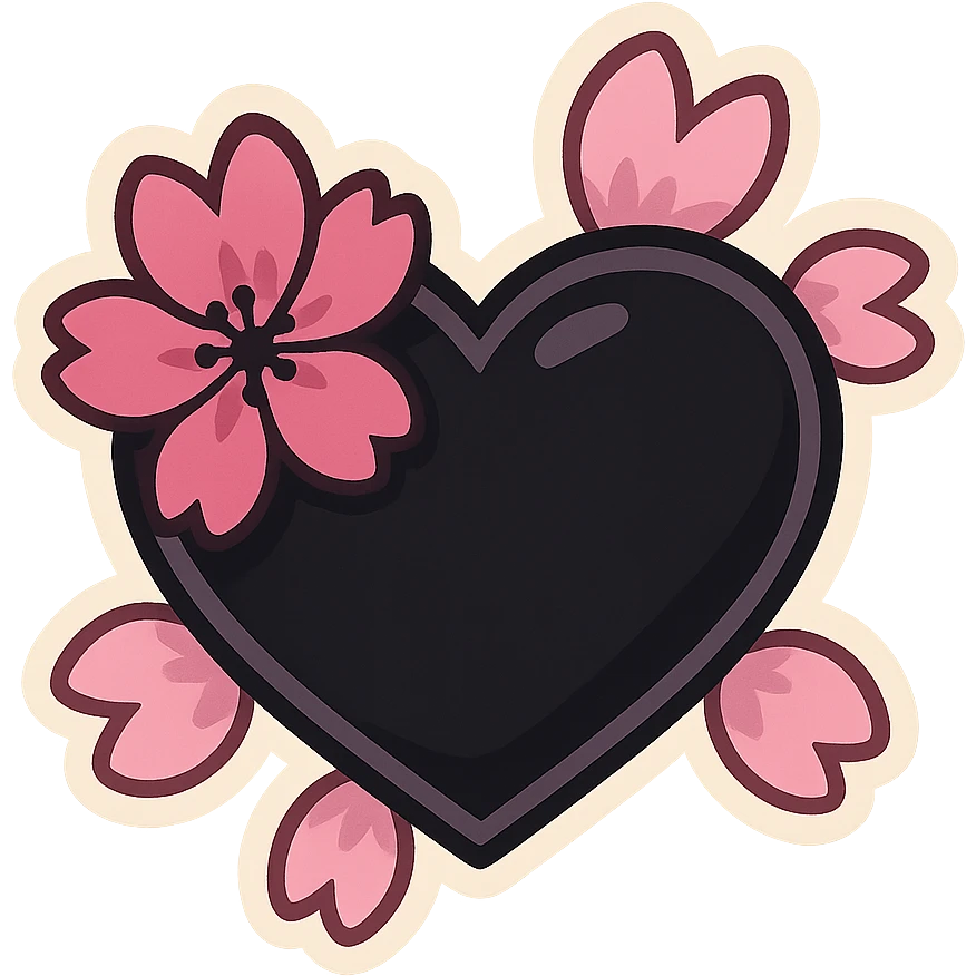 goth sakura heart, black heart with extra pink cherry blossom petals, cute and dramatic emoji