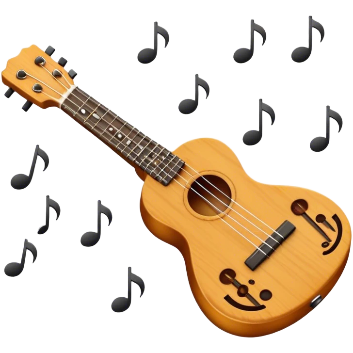 Create a cheerful and compact emoji representing a ukulele. The design should feature the small, wooden body of the ukulele with its smooth curves and visible strings. Highlight the sound hole and fretboard with subtle detailing to show the instrument’s craftsmanship. The wooden finish should be light, such as honey or natural wood tones, with dark accents for the fretboard and bridge. Add musical notes or soundwaves floating around the ukulele to evoke its bright, happy sound. The background should be transparent. emoji