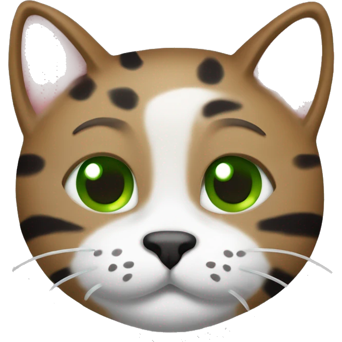 sokoke cat with a white torso and marbeled colors on his face (brown, black and with green eyes) smiling and closing an eye. Holding with a paw a whiskas cat food sachet emoji