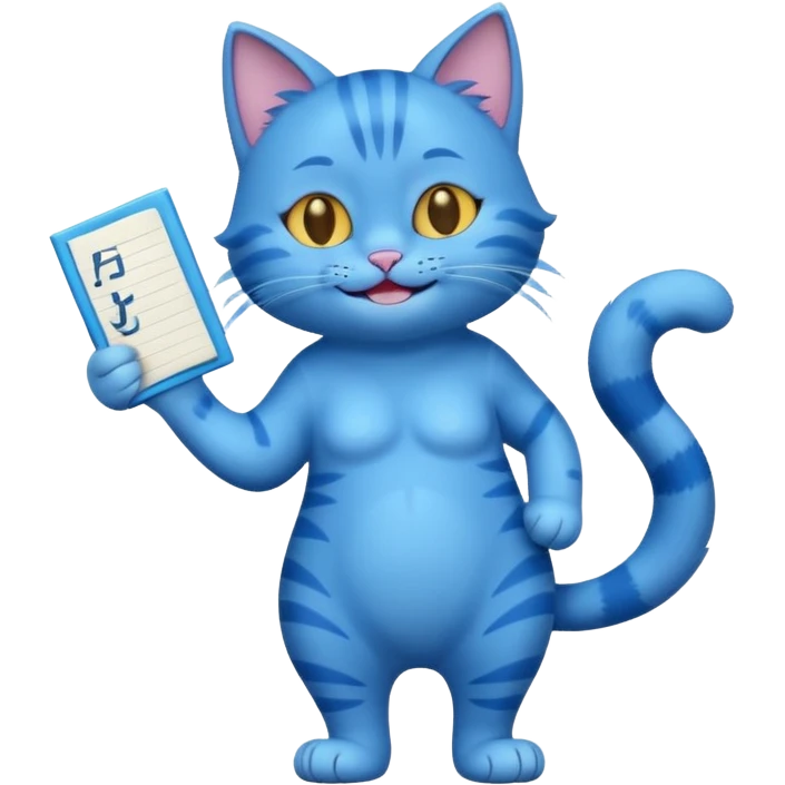 blue smiling cat with full body with note and no clothes emoji