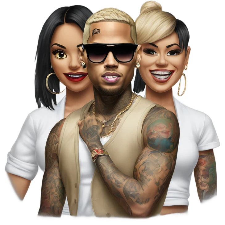 Hyper Realistic Chris Brown  wearing sunglasses with 2 female tattooed dancers emoji