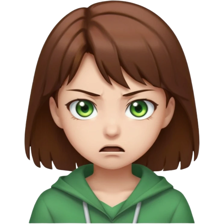 kawaii anime girl with green eyes and brown hair, angry expression emoji