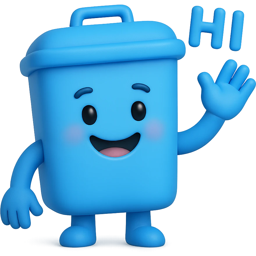3D emoji style blue bin with a smiling face, waving and saying hi emoji