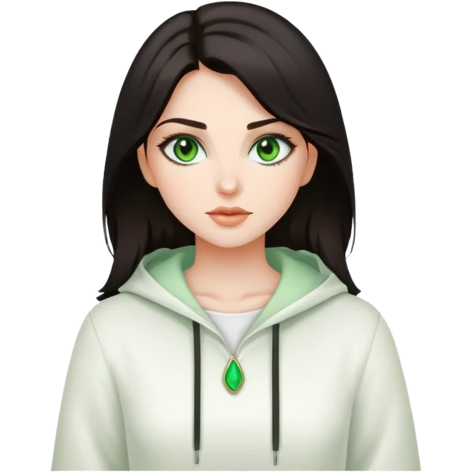 menina bonita, cabelo escuro, pele clara, olhos verdes, roupa branca estilosa emoji