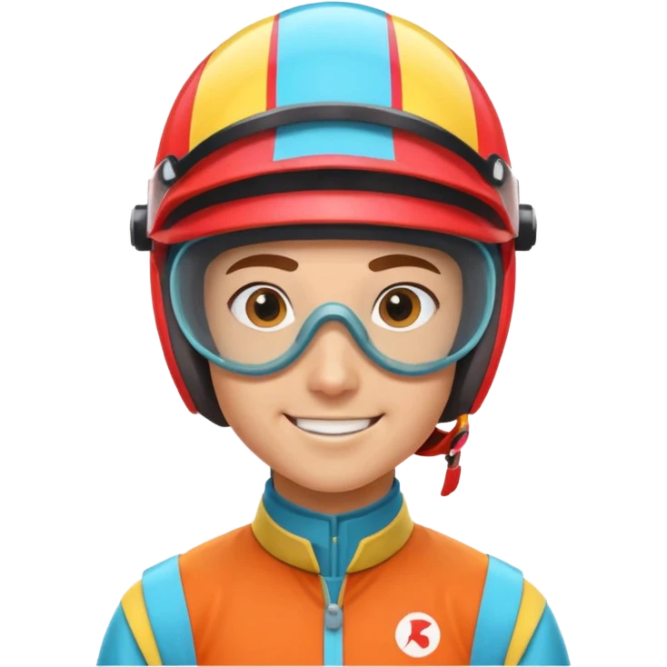 horse race jockey portrait, head and shoulders only, wearing colorful racing helmet and goggles, sporty uniform collar, confident smile, 3D cartoon, mobile game icon style, clean background, no text, no watermark
 emoji