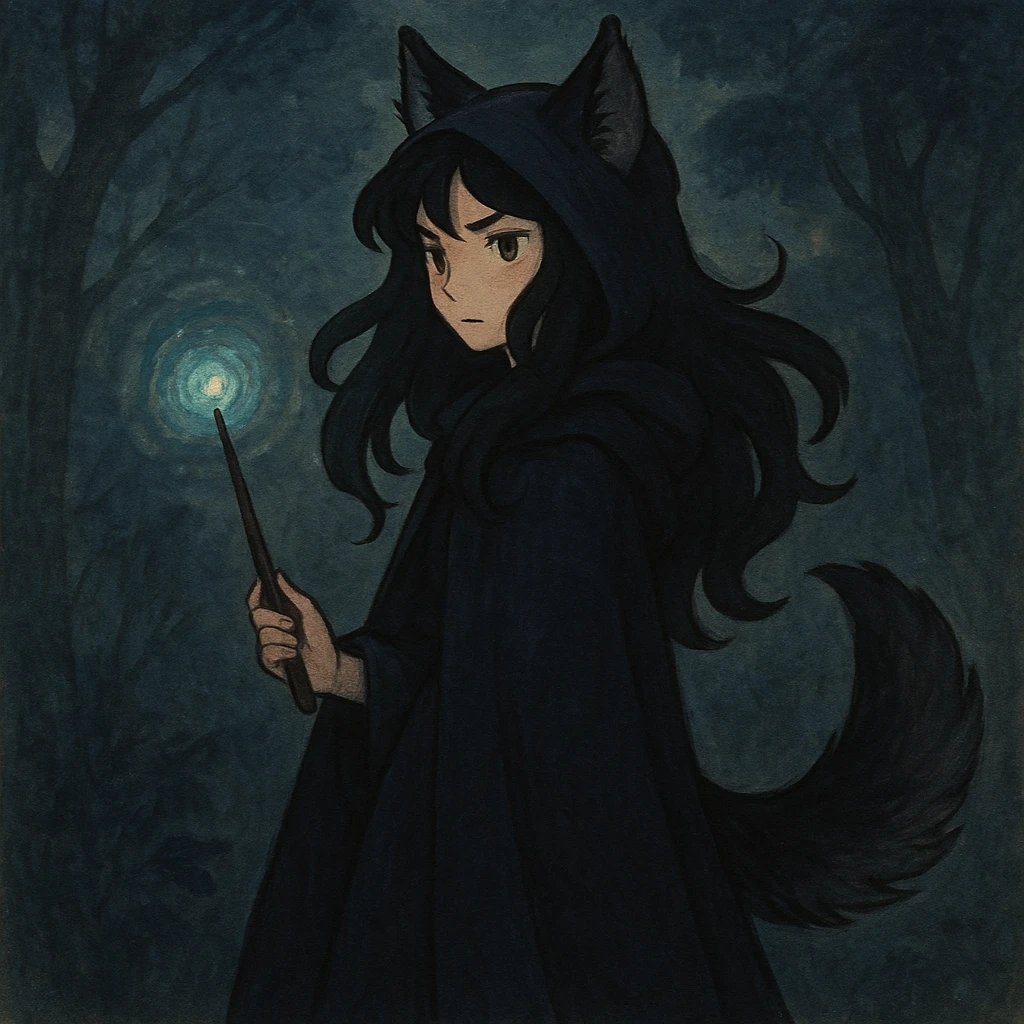 mystical witch with black hair, wolf ears and wolf tail, dark colors, cloak, magic wand, stylized emoji