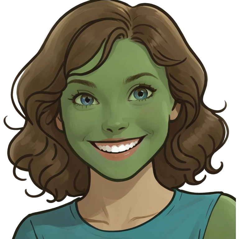 young blue-eyed and wavy brown-haired woman smiling cheerfully  emoji