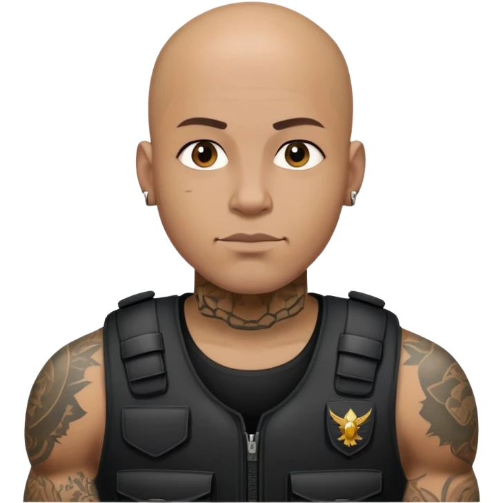 black soldier tattooed bald head in black bulletproof vest emoji