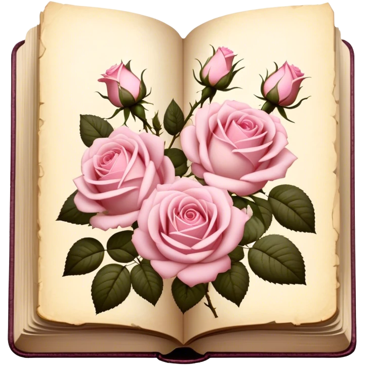 Antique book with pressed light pink roses, golden details on the cover, soft vintage lighting. emoji