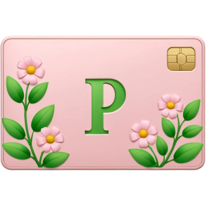 Pale Pink and green cute credit card, flowers growing around it , clean aesthetic, letter P on it emoji