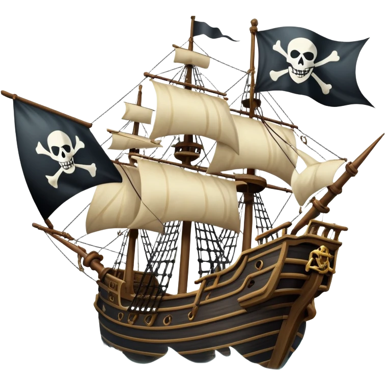 An icon representing an adventure game, inspired by high-seas exploration. The design features a fearless pirate gripping the wheel of a grand sailing ship, its tattered Jolly Roger flag billowing as it cuts through stormy waters. The scene evokes danger, treasure, and the thrill of the open sea. Transparent background. emoji