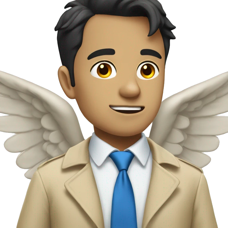 Male angel in a beige trenchcoat and blue tie, black hair, falling emoji