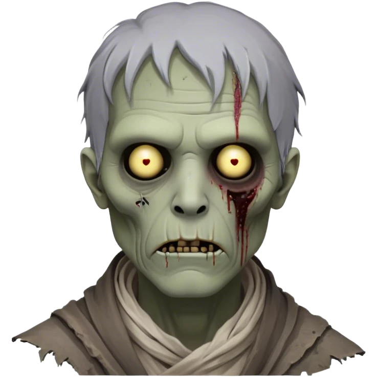 Cinematic Noble Zombie Portrait Emoji, Surprisingly dignified and somber, with a decaying yet strangely regal visage in ashen grays and muted tones, draped in tattered attire hinting at a lost grandeur, simplified yet meticulously detailed, glowing with a soft, eerie radiance and a gentle outline that evokes the tragic nobility of the undead! emoji
