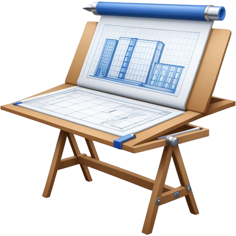 Create a sleek and modern icon representing Architecture, featuring an engineer's drawing board with blueprints of a building and rulers. The design should be visually sophisticated, clean, and professional, without any emojis. The background should be transparent. emoji
