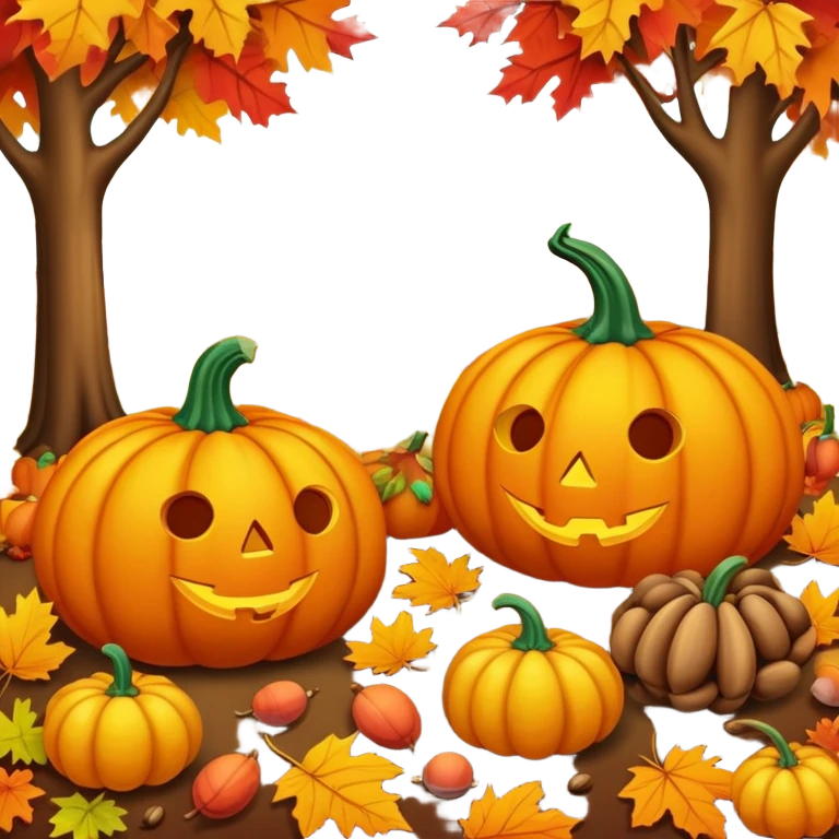 autumn fall scene with colorful leaves, pumpkins, and acorns emoji