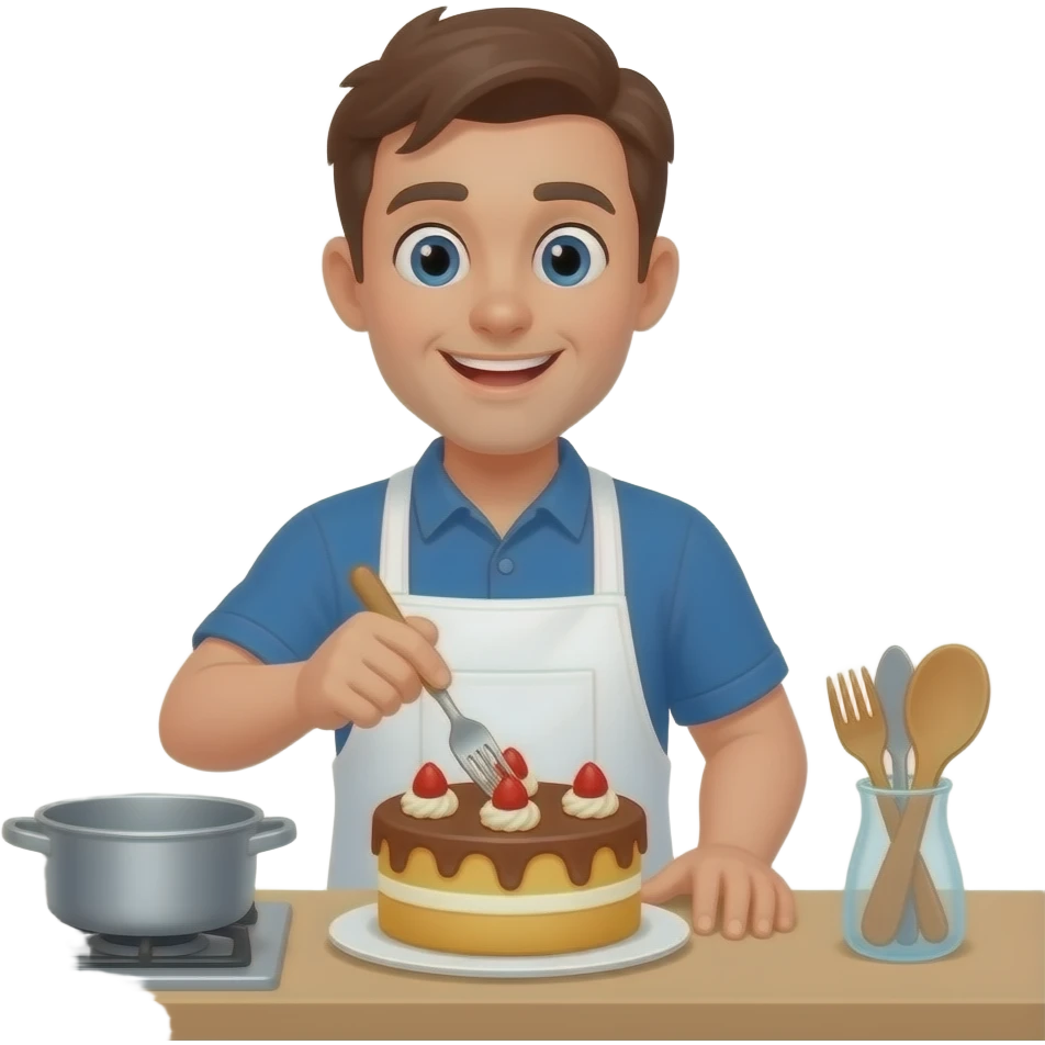 Cartoon bakers man making a cake pricking emoji