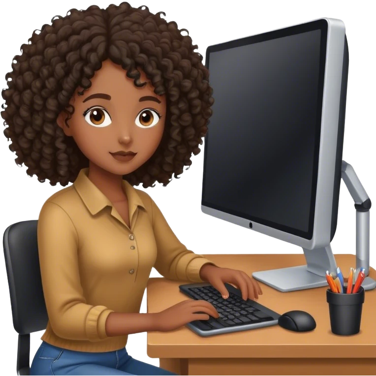 Black girl with curly hair at computer desk  emoji