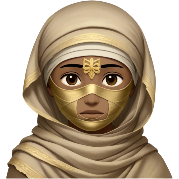 Regal and timeless, fully wrapped in meticulously aged bandages, even its face veiled in layers of ancient cloth with only faint glimpses of deep, solemn eyes peering through, adorned with faded gold accents, exuding an air of forgotten majesty and solemn duty, highly detailed, softly glowing, evoking the dignified mystery of an eternal guardian watching over lost secrets! emoji