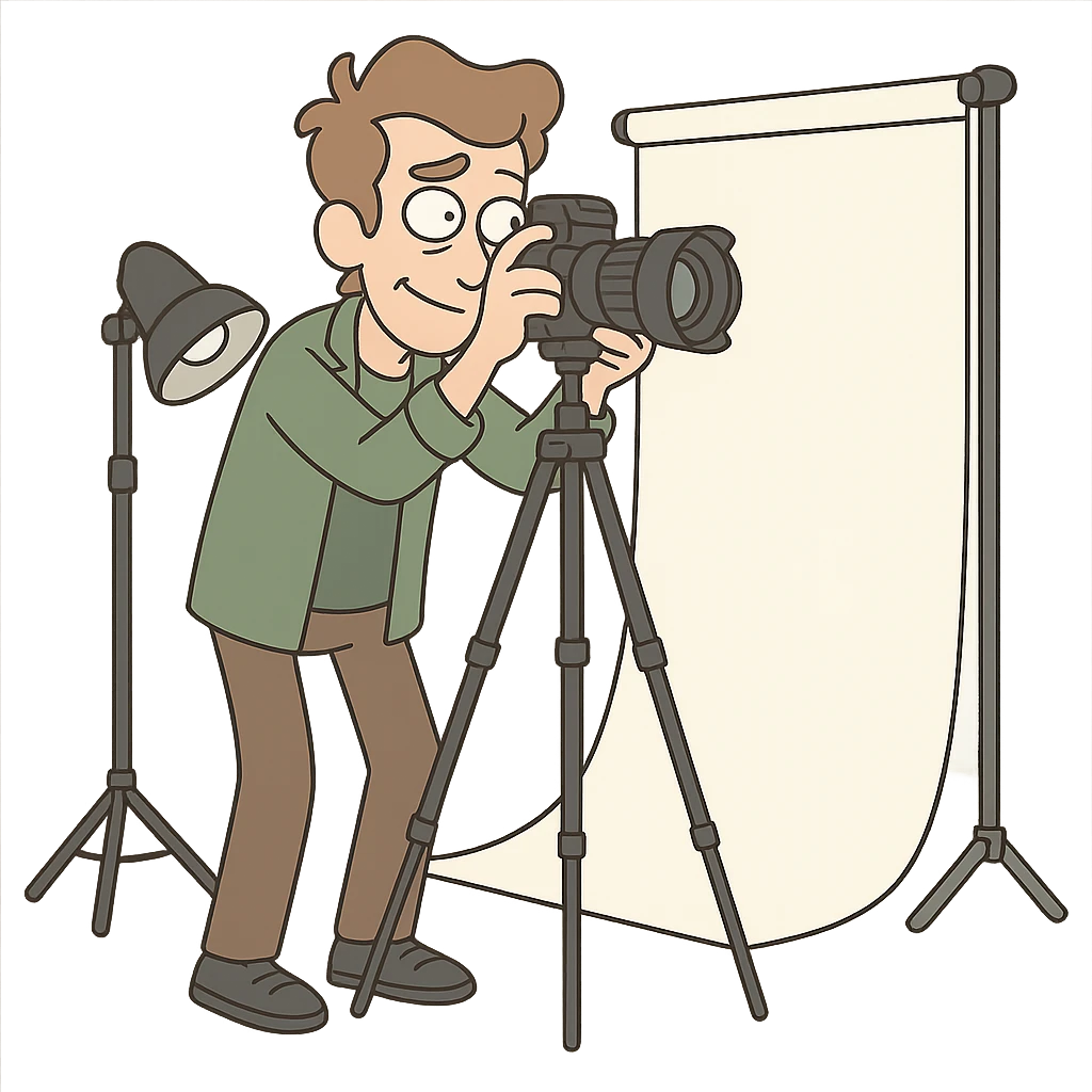 flat toon style photographer in a studio with camera and backdrop emoji