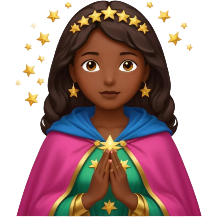 Mujer de piel morena, rostro sereno, manos juntas. Vestido rosa rojizo manto capa azul verdoso con muchas estrellas doradas pequeñas Resplandor como rayos de luz dorado alrededor del cuerpo. emoji