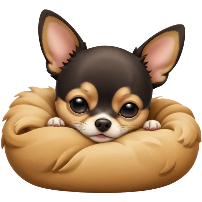 A high-resolution photo-realistic digital illustration of a cute black and tan chihuahua with big eyes closed sleeping lazily. emoji