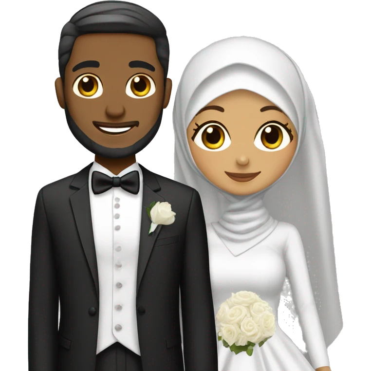 Hijabi modest bride next to white groom in tux emoji