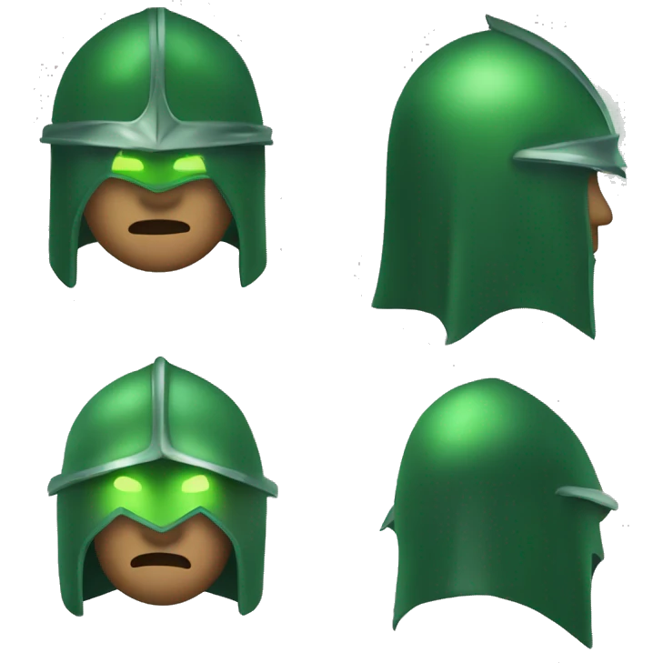 green helmet knight whit lightninh eyes, face all covered, 3/4 position, evil emoji