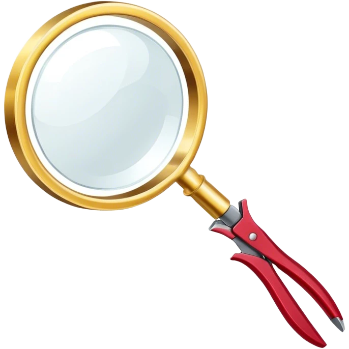 Jewelry art icon. A ring with a golden ruby, magnifying glass and pliers. Minimalistic style, clean lines, transparent background. emoji