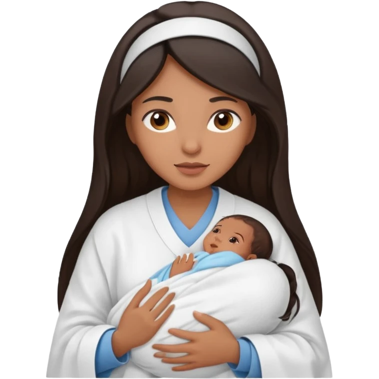Female nurse with long dark hair with medium brown skin and brown eyes holding one new born  emoji