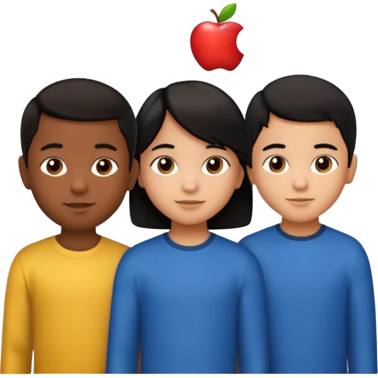 Three Hispanic kids: 9-year-old boy with short hair, 6-year-old girl with long straight hair, 6-year-old boy with short hair (twins), apple emoji style emoji