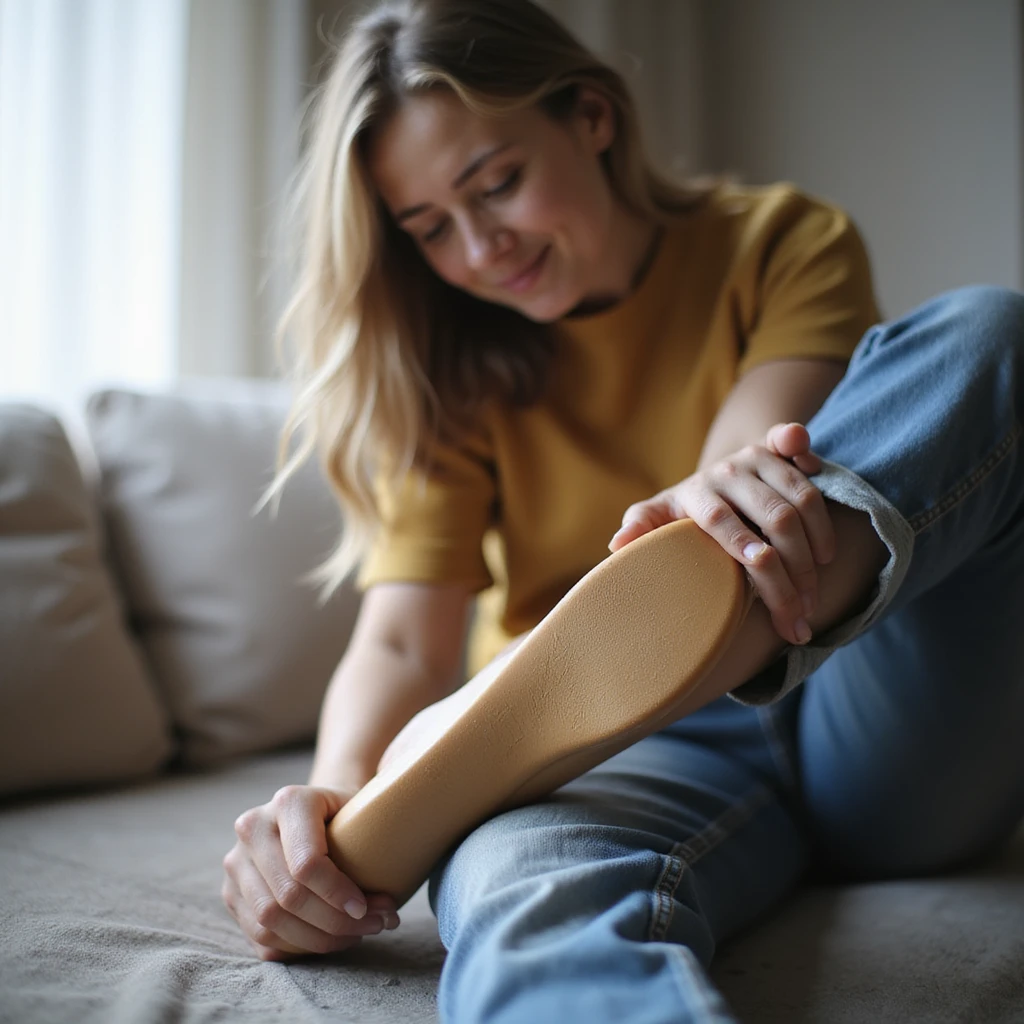 woman sitting trying to adjust or fix orthopedic insole in foot, expression of discomfort, realistic style, home environment emoji