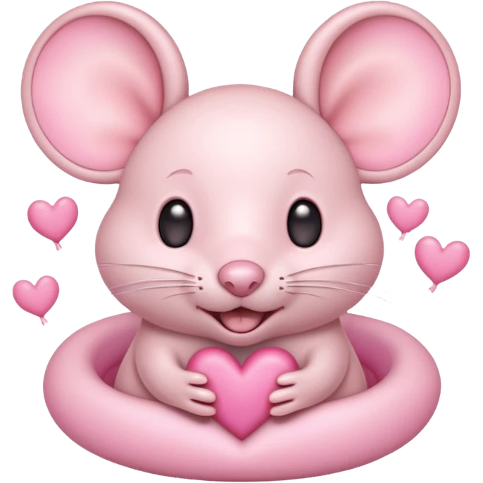 pastel cream cartoon mouse with large, round, pink-lined ears. The mouse has heart eyes, a small open mouth, and is surrounded by floating pink hearts, conveying a feeling of love, adoration, or strong affection. emoji