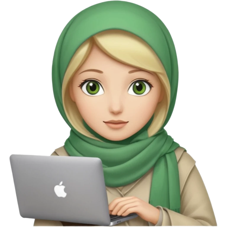 blond women skine , with green eyes , with scarf hijab , hid the hair, with macbook emoji