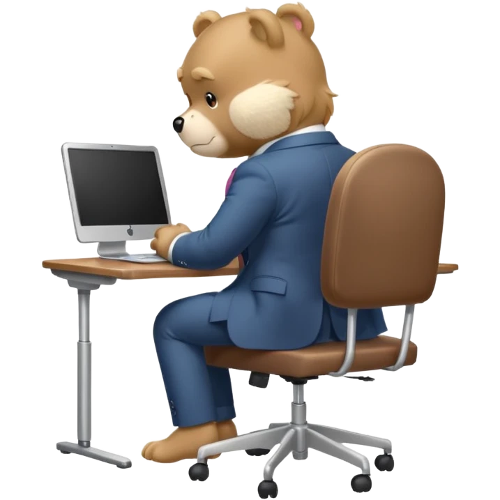 Care bear sad in suit back view, sit on a chair, working on a computer, with a big desk emoji