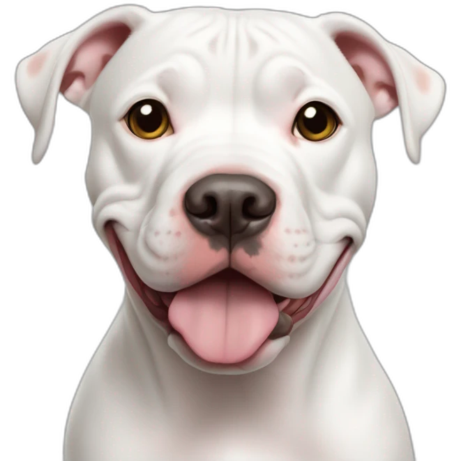Cachorra pitbull blanca con manchas cafés en los ojos haciendo la señal de puñito emoji