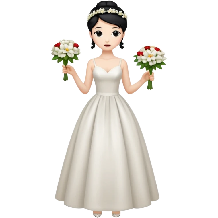 Chica blanca,cuerpo entero, vestido boda tirantes finos y estrecho, pelo negro recogido con mechones y zapatos tacon y 1 flor en la cabeza emoji