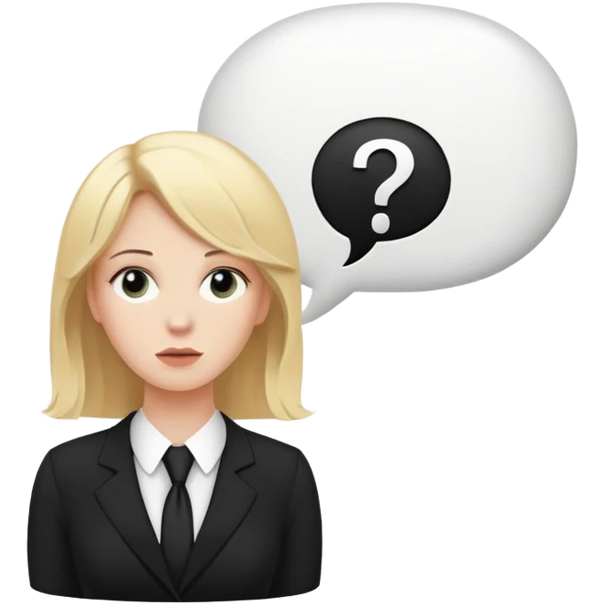 blonde haired white woman in a black formal suit with a white speech bubble containing a black question mark next to her head emoji