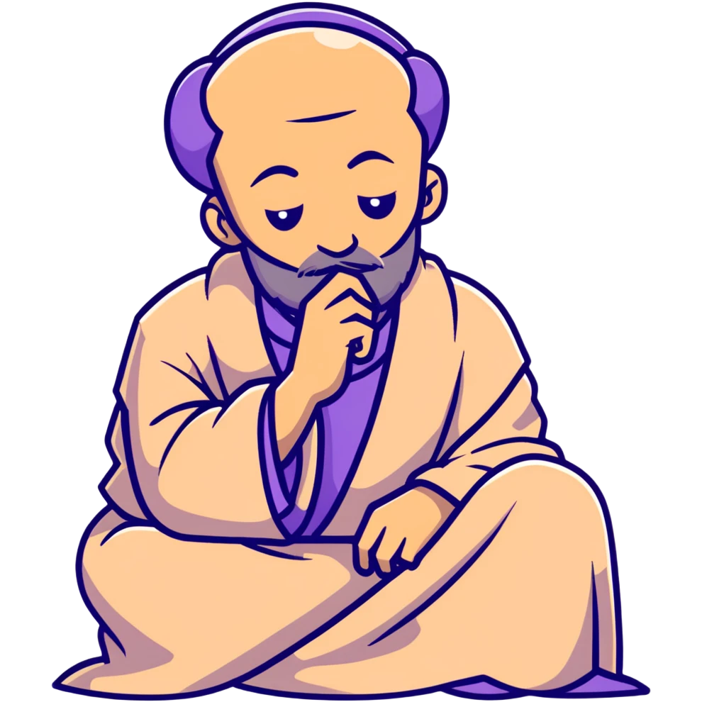 thoughtful philosopher with hand on chin, sitting in contemplative pose, scholarly appearance with robe, beige and brown color palette emoji